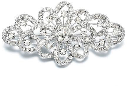 EVER FAITH Broche para Mujer Cristal Austríaco 4 Inch Flor Filigrana Boda Claro Tono Plateado