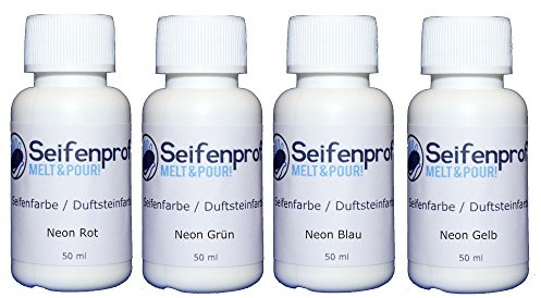 Seifenprofis® Colori per sapone, 200 ml, assortimento (pastello/fluorescente, rosso, verde, blu, giallo) 4 x 50 ml