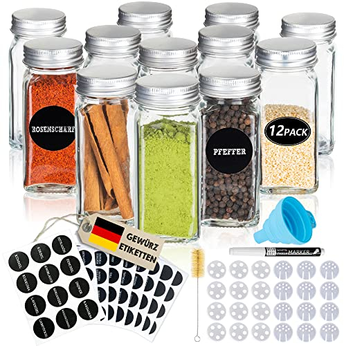Deco haus® Set da 12 Contenitori per Spezie con Tappo a Vite - Kit per Condimenti con Etichette, Imbuto, Spazzola, Pennarello - Barattoli Portaspezie Piccoli in Vetro Trasparente da 120ml, 10,5x4,3 cm