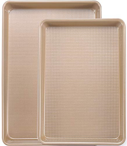 JOHO BAKING Cookie Sheets for Baking Nonstick, 2 Pack Heavy Duty 0.8mm Baking Sheet Pan Set Quarter(9x13in) & Jelly Roll(10x15in) with Diamond Texture, Gold Commercial Grade, Small Oven Safe
