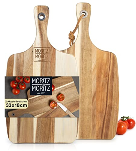 Moritz & Moritz tagliere in legno con manico - 33 x 18 x 1,9 cm - Tagliere professionale in legno di acacia con proprietà antibatteriche per servire con stile vari alimenti