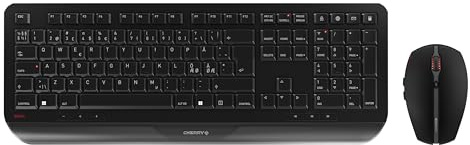 CHERRY GENTIX DESKTOP, Set di Tastiera e Mouse Senza Fili, Layout per i Paesi Nordici (QWERTY), Radio a 2,4 GHz, Palm Rest Integrato, Mouse Simmetrico, Nero