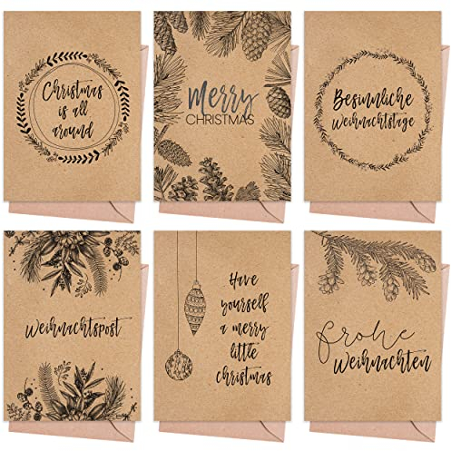 Weihnachtskarten mit Umschlag Set (12 Stück) - A6 Klappkarten für Weihnachten - Christmas Postkarte mit Umschlägen für deine Weihnachtsgrüße - Coole Weihnachtspostkarten mit und ohne Sprüche
