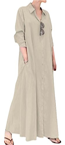OMZIN Coton Lin Maxi Femmes Bouton Down Jacket Oversize Manches Longues Couleur Unie Chemise Longue Jupe Abricots S