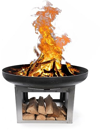 Heat Outdoor Living Brasero Fresvik Ø80 cm avec Rangement pour Le Bois - Brasero Barbecue - Brasero pour Jardin - Acier - Noir - 80x80x50 cm