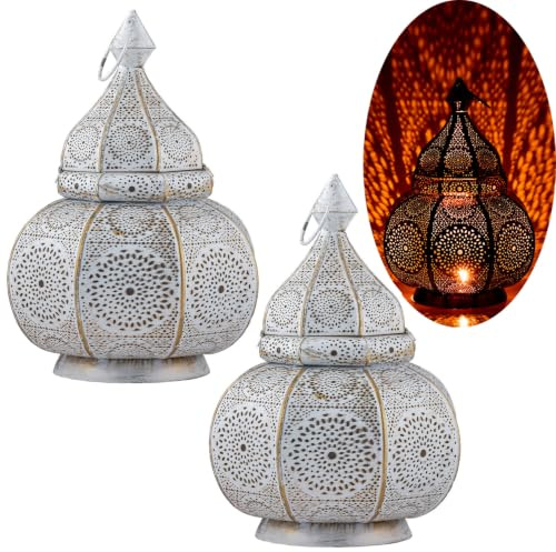 Marrakech - Juego de 2 lámparas y farolillos de metal (30 cm, diseño oriental), color blanco