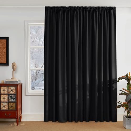 PONY DANCE Bedroom Curtains for Large Windows, Light Resistant with Wrinkle Tape, 1 Piece H 220 x W 300 cm Thermal Cold Protection for Winter Black Opaque