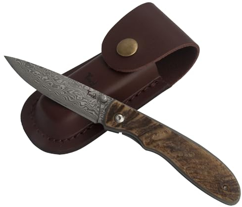 Tungyi Damas Couteau de Poche Pliant en Acier Tranchant 3,1 avec Fourreau en Cuir pour Toute Occasion, Anniversaire, Mariage, Cadeau (4 Ram Horn Handle)
