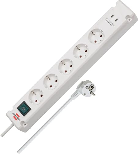 Brennenstuhl Bremounta 5-faldigt grenuttag med USB C-laddningsfunktion (grenkontakt med strömbrytare, väggmonterat grenuttag, 2x USB C och 3m kabel) vit
