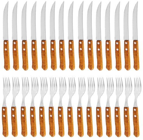 WEGREAT Juego de 30 cubiertos de carne de acero inoxidable, tenedor y cuchillo, 15 tenedores y 15 cuchillos de mesa para 15 personas, afilado