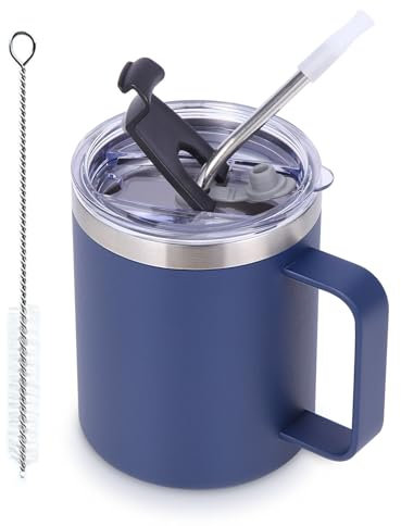 Volhoply Tazza da caffè isolata a tenuta stagna, con coperchio a ribalta e cannuccia, a doppia parete, in acciaio inox, con manico, riutilizzabile, per campeggio, mantiene freddo/caldo (blu navy, 1