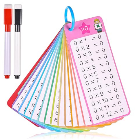 Times Table Flash Cards 0-12 Multiplication Chart with 2 Dry Erase Markers for 1st to 3rd Grade Math Game