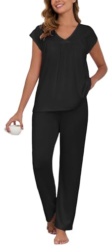 Famulily Lounge Wear Sets For Women UK Short Sleeve Pleated Shirt and Long Pants Cute Summer Sleepwear Sets Black M