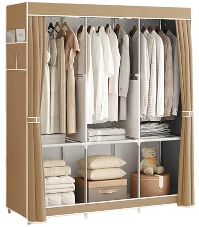 FENGSHENG-SHOP Clothes Wardrobe, Portable Closet with Cover, 130 x 45 x 167 cm, 3 Hanging Rails, 3 Shelves, 2 Side Pockets, Large Capacity for Bedroom, Living Room, Coffee Color