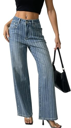 heipeiwa Jeans à Rayures et Strass pour Femme - Taille Haute - Jambe Large - Pantalon en Jean Scintillant à Paillettes Brillantes, Lumière Bleue, Taille L