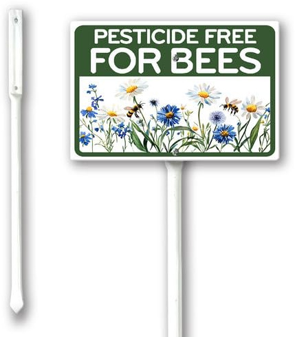 Geroclonup Cartello da giardino senza pesticidi per api con paletti, 20 x 30 cm, robusto cartello in alluminio antiruggine, decorazione per prato e giardino, per uso esterno, facile da installare