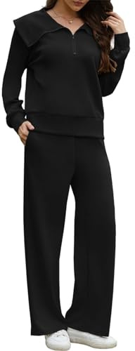 Yutdeng Tuta da Donna 2 Pezzi Oversize Manica Lunga Colletto Risvolto Felpa Pullover con Mezza Zip Pantaloni Lunghi con Coulisse e Tasche Pantaloni della Tuta per palestra, sport, casual,Nero,XXL
