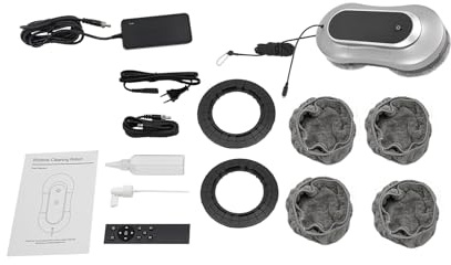 QUIOTUIR Robot Laveur de Vitre Télécommandé Double Buse avec 10 Chiffons de Nettoyage et Bouteille d'eau 28000rpm Robot Nettoyeur Vitre pour Fenêtres, Miroirs, Portes en Verre, Vitres, (Gris argenté)