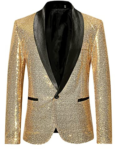 Zanisouta Veste à paillettes pour homme - Blazer à paillettes - Coupe ajustée - Costume de fête dorée - Un bouton - Smoking - Veste de mariage brillante - Costume de Noël - Nouvel An, O Gold, L