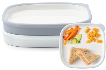 Ello Clean Start Toddler Everything Plate 2 Pack | BPA-Free Ceramic Plates with Silicone Sleeve for Babies/Toddlers | Microwave/Dishwasher Safe, Plastic-Free, High Chair Friendly, Quiet Tide/Tech Blue