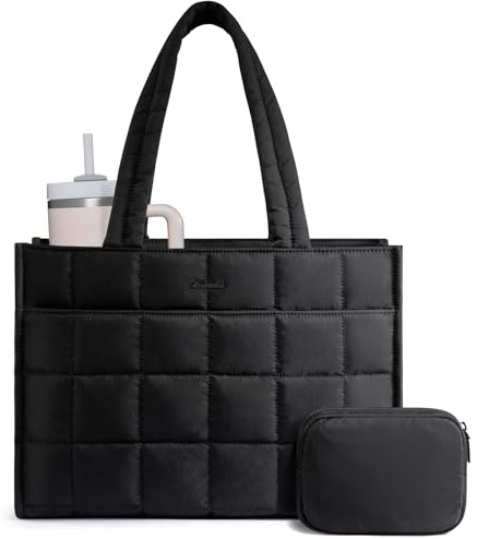 LOVEVOOK Laptop Tote Bags for Women, 17.3 Inch Puffer Handbags with a Built-in Large Water Bottle Pocket, Quilted Shoulder Bag for Work Teacher College School Business Gym