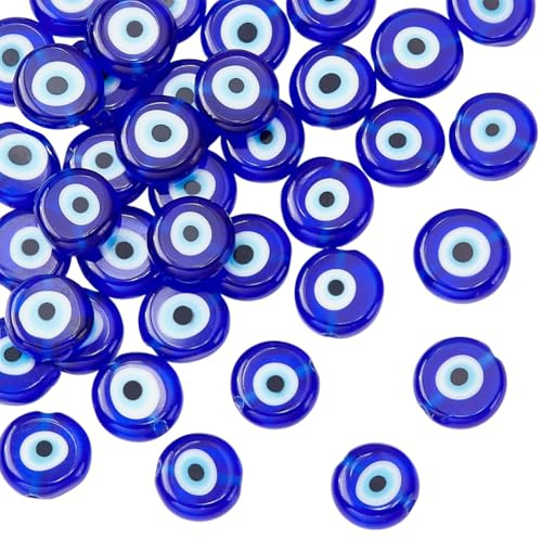 nbeads 1 Fil (Environ 41 Pcs) Bleu Plat Rond Mauvais Œil En Verre Faite Main Lampwork Perles Charms Spacer Perles pour Bracelets Collier Bijoux, 10 × 4mm, Trou: 1mm