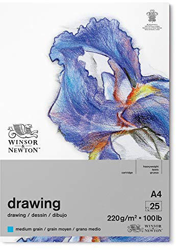 Winsor & Newton 6689747 Zeichenpapier im Block - 25 Blatt A4, 220g/m², mittlere Körnung, natürliches Weiß, säurefrei, Alterungsbeständig, Ideal für Bleistift, Buntstift, Pastell und Kohle