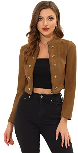 Allegra K Cropped Jacket for Women's Double Breasted Zip Up Biker Faux Suede Jacket Brown L
