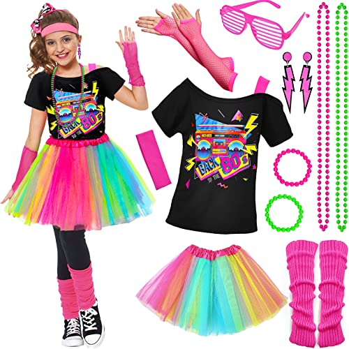 80er Jahre Outfit für Kinder Mädchen 80er Jahre Accessoires T-Shirt, Tutu, Stirnband, Neon Ohrringe, Halskette, Armband, Beinlinge, Netzhandschuhe, Brille für Mädchen 10 11 12 13 14 15 16 17 18 Jahren