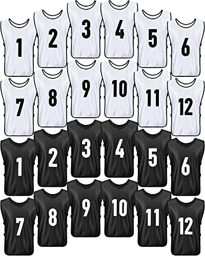 Yahenda 24 Pcs Sports Pinnies Soccer Scrimmage Practice Vests Numbered Soccer Team Pennies with Belt for Adult(Large,White, Black)