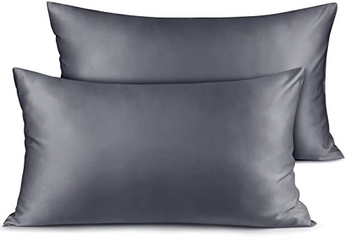 Fittia Premium 2er Set Satin Kissenbezug 40x80cm Superweich Kopfkissenbezug Kissenhülle Kissen mit Hotelverschluss für Haar und Haut, Dunkelgrau