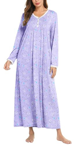 Ekouaer Women's Long Sleeve Nightgown Long Sleepshirts Henley Sleep Dress Full Length Sleepwear S-4XL