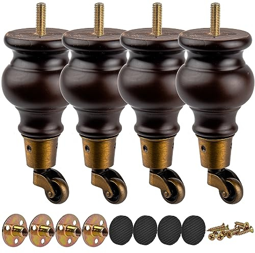 TCHOSUZ 6 inch / 16cm Wooden Furniture Legs with Casters Wheels, Pack of 4 Classic Walnut Solid Wood Round DIY Replacement Bun Feet with for DIY Project Sofa Couch Cabinet Ottoman Bed Riser