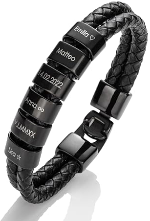 MYCLUSIV® Lederarmband Herren mit Gravur – Personalisiertes Männerarmband mit Namen – Geschenk für Papa – Aus schwarzem Echtleder