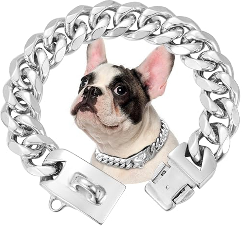 15mm Breite Rostfreier Stahl Hundehalsband Metall Hundehalsband Hundekette Halsbänder Pet Training Walking Halsband (Silbrig,35cm)