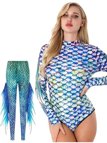 CHICTRY Costume Intero Sirena Costume da Bagno Donna Jumpsuit Body Manica Lunga con Stampa Squame di Pesce e Sirenetta Leggings Tuta da Nuota Spiaggia Mare A Colorato S