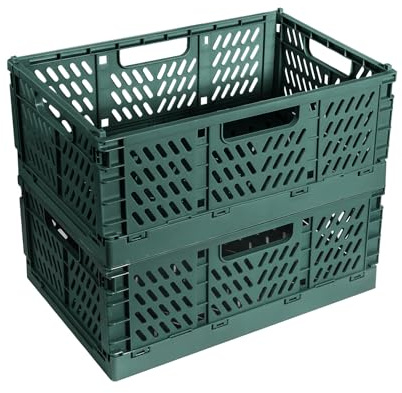 Bocguy Lot de 2 BoîTes Pliantes en Plastique Solide, Panier de Rangement Pliable Empilables, 30,5 x 20 x 12cm Pour le Stockage de La Cuisine, La Chambre à Coucher,Bureau,Jardin (Vert)