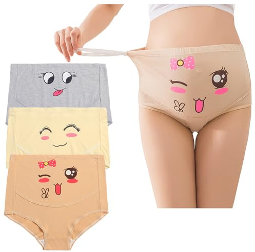 Women's Maternity Knickers High Waist Pregnancy Panties Cotton Underwear Smiley Print Overbelly Panties Briefs With Adjustable Drawstring 3-Pack/L
