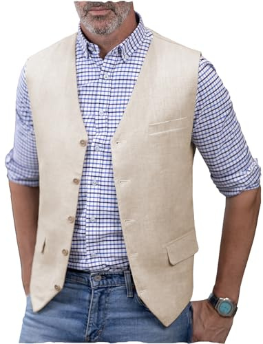 AeoTeokey Gilet da uomo in lino, estivo, con scollo a V, leggero, vestibilità regolare, beige., XS
