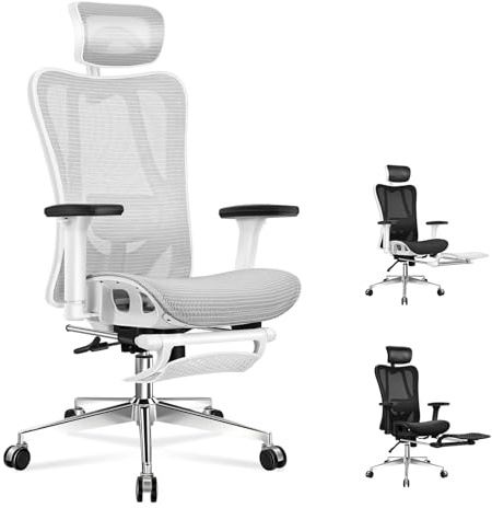 ALFORDSON Silla Oficina Ergonómica Malla, Silla Escritorio Ejecutiva Grande y Alta con Soporte Lumbar Ajustable para Recepción,Reuniones,Reposabrazos Ajustables y Reposacabezas(Blanca y Gris)