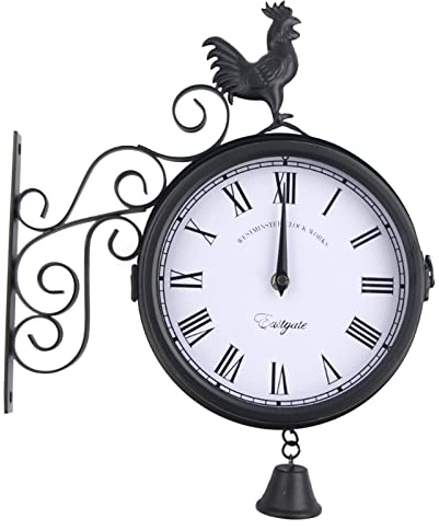 Sengfwin Reloj de pared antiguo retro para jardín al aire libre, colgante de pared, reloj de estación de tren de doble cara, color negro, esfera a ambos lados, 30 x 9 x 37 cm, resistente al agua,