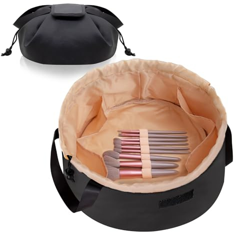 FANGENKE Drawstring Makeup Organizer Bag,Large Lay Makeup Bag,Portable Waterproof Leather Travel Bags - Durable, Machine Washable Toiletry Bag (Black Large)