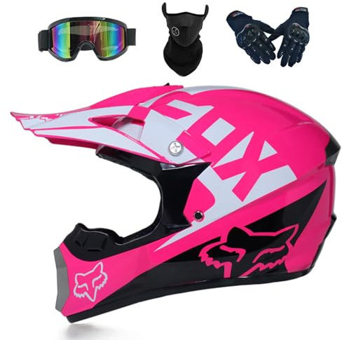 PAESCOY Motocross Helm Damen Herren Full Face MTB Helm Motorradhelm Cross DOT/ECE-Zertifizierter Mit Schutzbrillen Maske Handschuhe Downhill Helm Mopedhelm Schutzhelm Für Cruiser Chopper,Pink-M