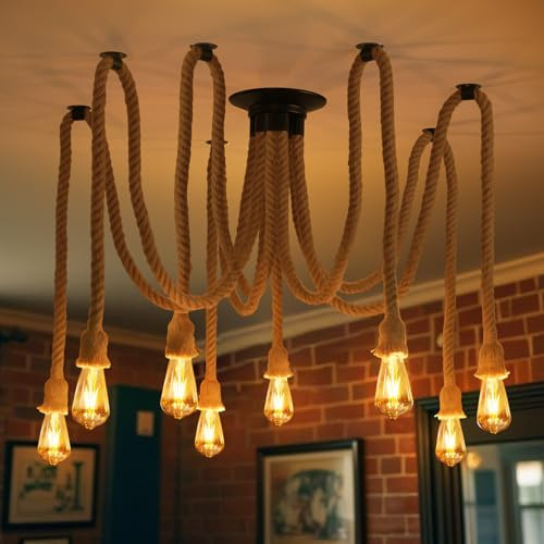 ANWIO Rope Pendant Light Fitting,8 Head DIY Spider Lights Ceiling,Rustic Hemp Rope Hanging Light,Kitchen Hanging Ceiling Lights Fitting,Loft Lighting for Cafe Dining Restaurant Bar Hall