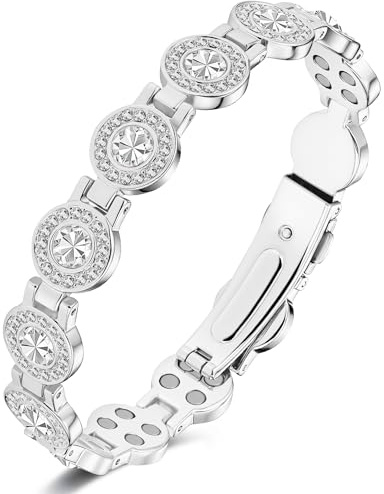Feraco Pure Copper Bracelets for Women, 4X Ultra Strength Magnetic Bracelet with 3800 Gauss Neodymium Magnets & Sparkling Austrian Cut Crystals, Adjustable Jewelry Gift (Silver)