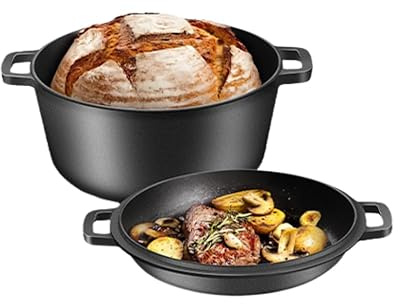 ME JO 6L Cast Iron Dutch Oven with Multi-Functional Cast Iron Skillet Lid – Heavy-Duty Casserole Dish with Lid for Bread Making, Roasting to Frying | Pre-Seasoned, Hob and Oven Safe