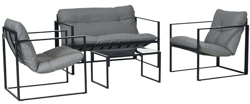 Outsunny Set Salotto da Giardino da 4 Pezzi, Set di Mobili con Divanetto a 2 Posti, 2 Poltrone, Cuscini e Tavolino da Caffè in Vetro, Struttura in Acciaio, Nero e Grigio