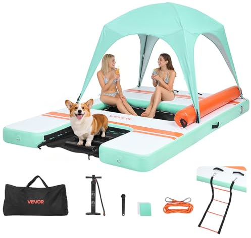 VEVOR Inflatable Floating Dock, 10 x 6 FT Inflatable Dock Platform, Non-Slip Water Air Mat with Portable Carrying Bag and Detachable Ladder, Floating Water Platform Island Raft for Pool Beach Ocean