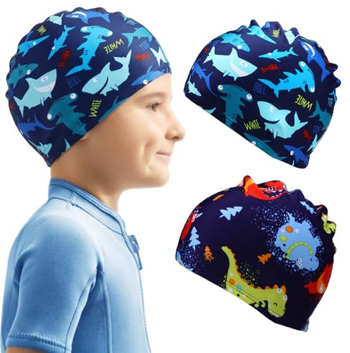 2-pack simmössor för baby och barn, badmössa för flickor och pojkar, haj- och dinosaurie-design, mjuka badmössor med elastisk barnmössa för simning och strandlektioner