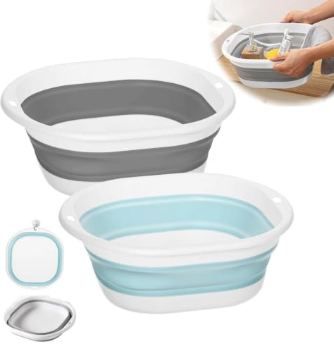 YSHODGU 2 Pcs Thickened Collapsible Washing Up Bowl, Space-Saving Collapsible Sink Camping, Multipurpose Folding Hand Basket Basin, for Camping, Travel, Kitchen,Outdoor Use, Blue and Grey